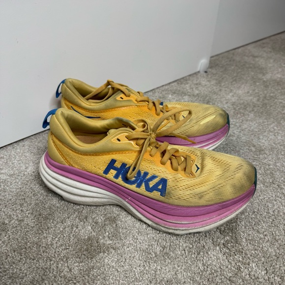 Hoka Bondi 8 Yellow Impala Cyclamen Athletic Walking Running Shoes Size 7.5 - Picture 2 of 8